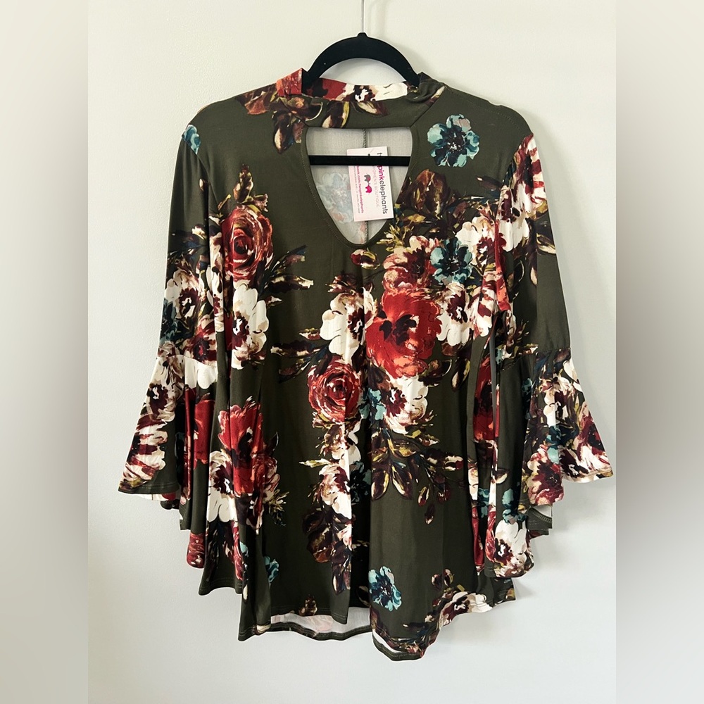 Floral Bell-Sleeve Women Top in Olive Green